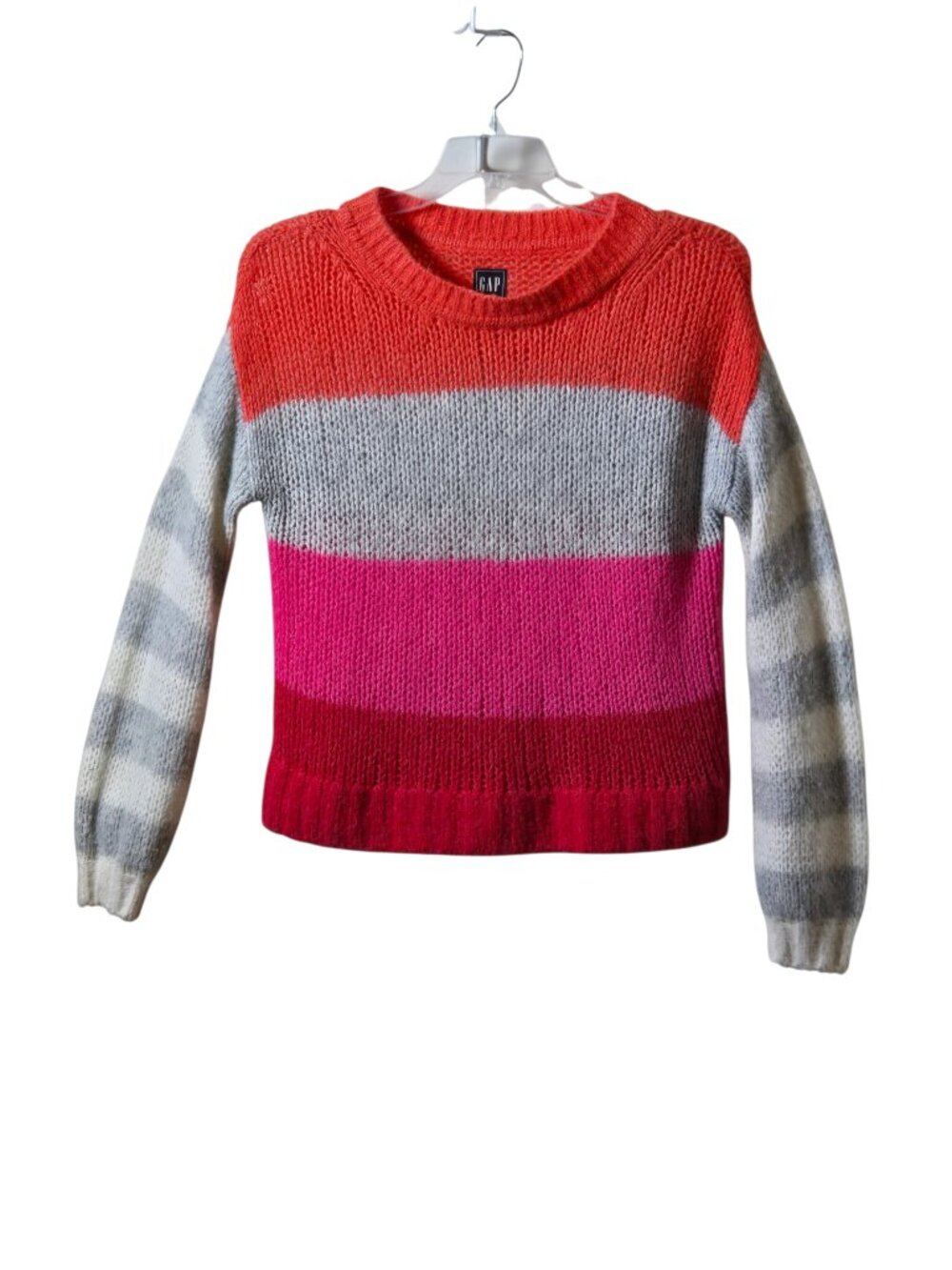GAP Colorblock Chunky Knit Sweater Pink Red Gray Striped Cozy Crewneck Small
